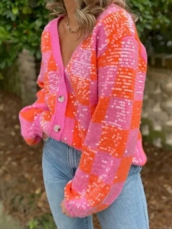 BiBi Sweaters - Bibi V-Neck Cardigan Sweater Sz XL Pink Orange Checkerboard Clear Sequined Nwt